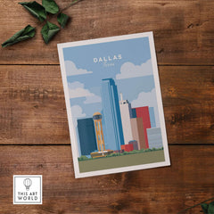 Dallas Texas Iconic Skyline Print - Reunion Tower Wall Art showcasing the skyline and Reunion Tower against a blue backdrop.