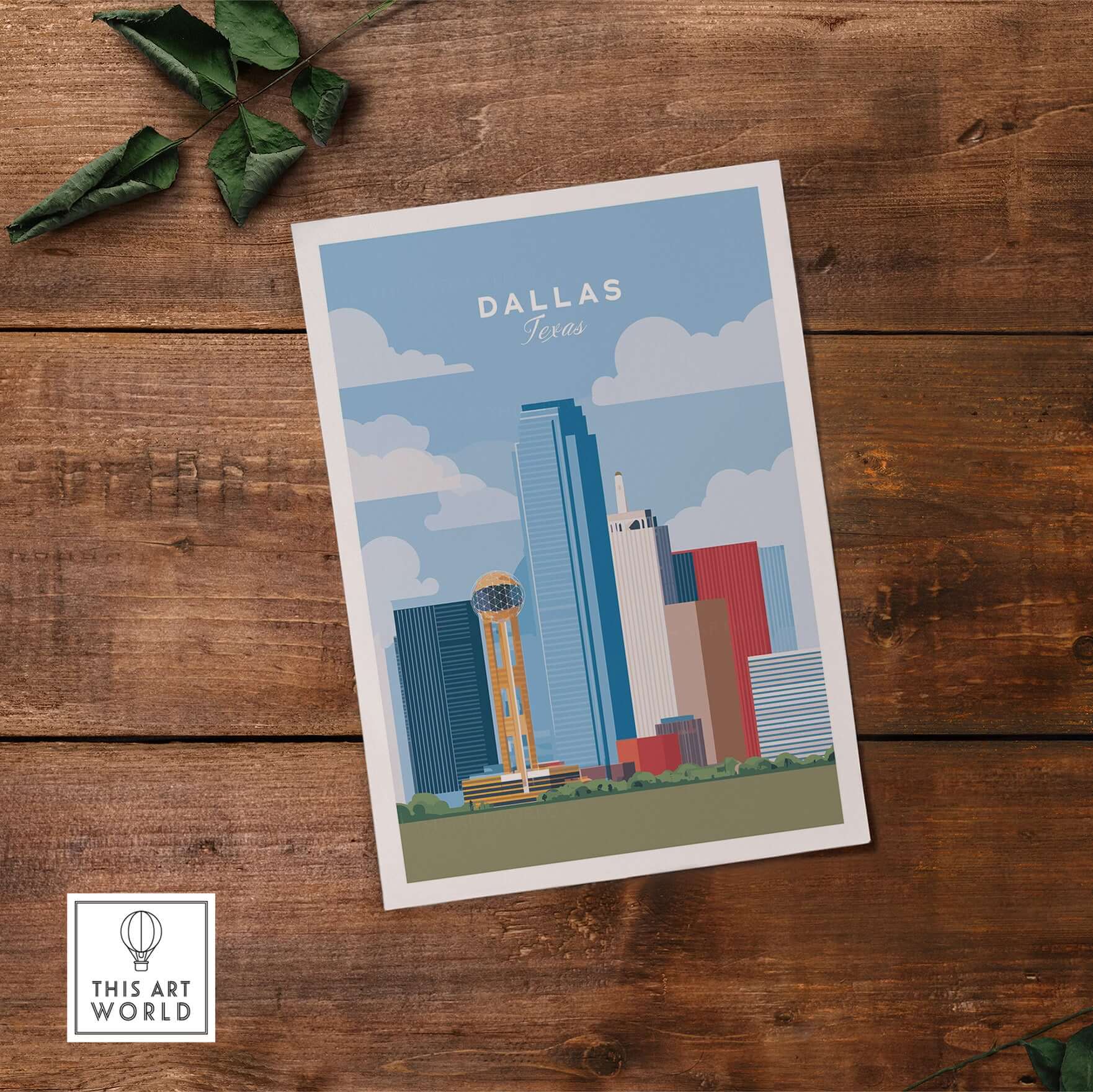 Dallas Texas Iconic Skyline Print - Reunion Tower Wall Art showcasing the skyline and Reunion Tower against a blue backdrop.