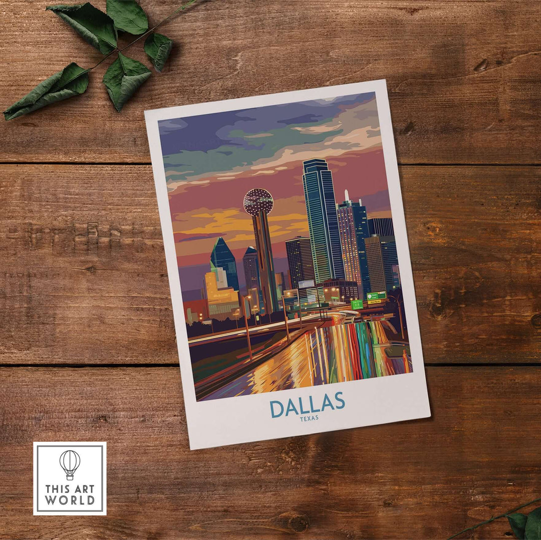 Dallas skyline wall art print showcasing vibrant urban decor at dusk with Texas cityscape.
