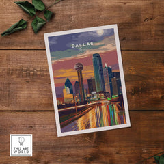 Dallas Texas Highway Night Lights Poster - Illuminated Skyline Print on a wooden background showcasing vibrant city lights.