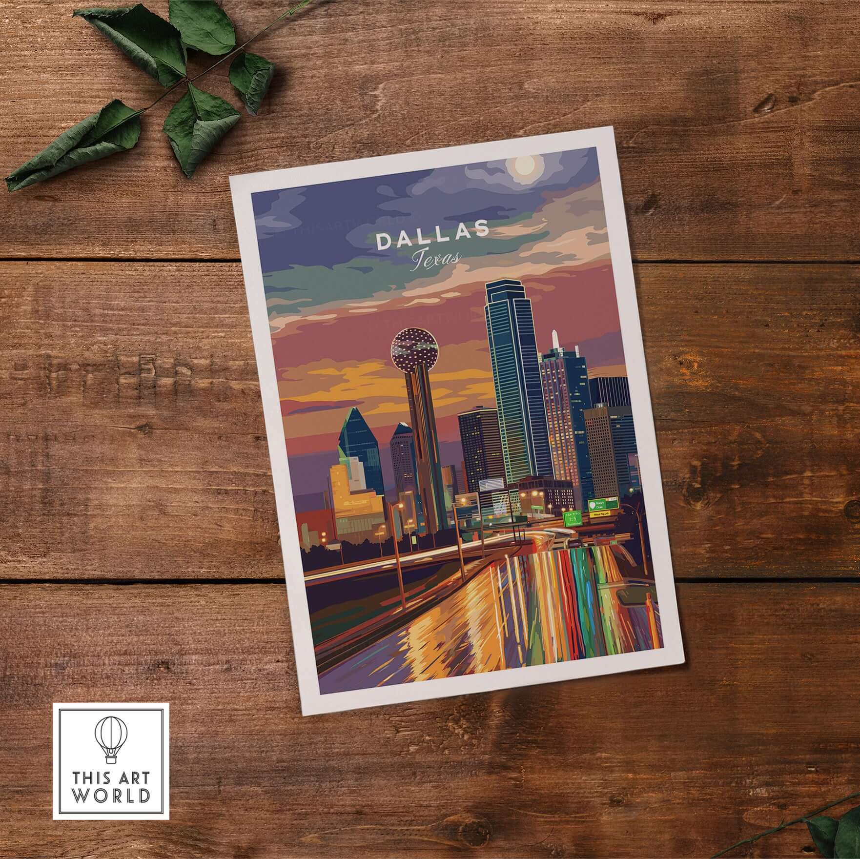Dallas Texas Highway Night Lights Poster - Illuminated Skyline Print on a wooden background showcasing vibrant city lights.