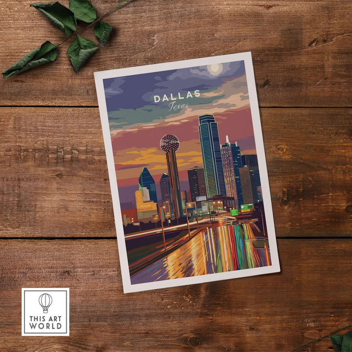 Dallas Texas illuminated skyline poster showcasing vibrant night lights and highways, perfect for home decor.