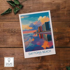 Daytona Beach Florida Oceanfront Reflections Poster - Florida Travel Decor on wooden background.