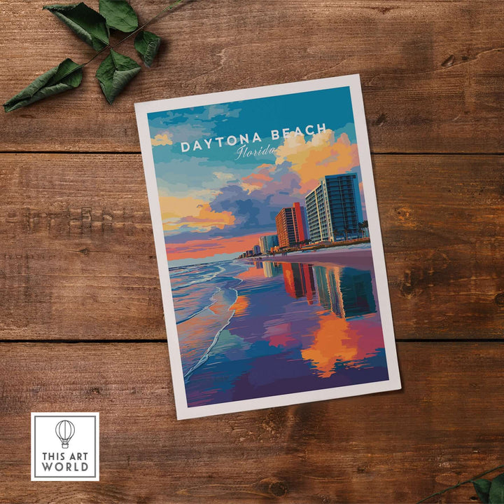 Daytona Beach sunset skyline print showcasing vibrant colors and beachfront buildings, ideal for coastal wall art.