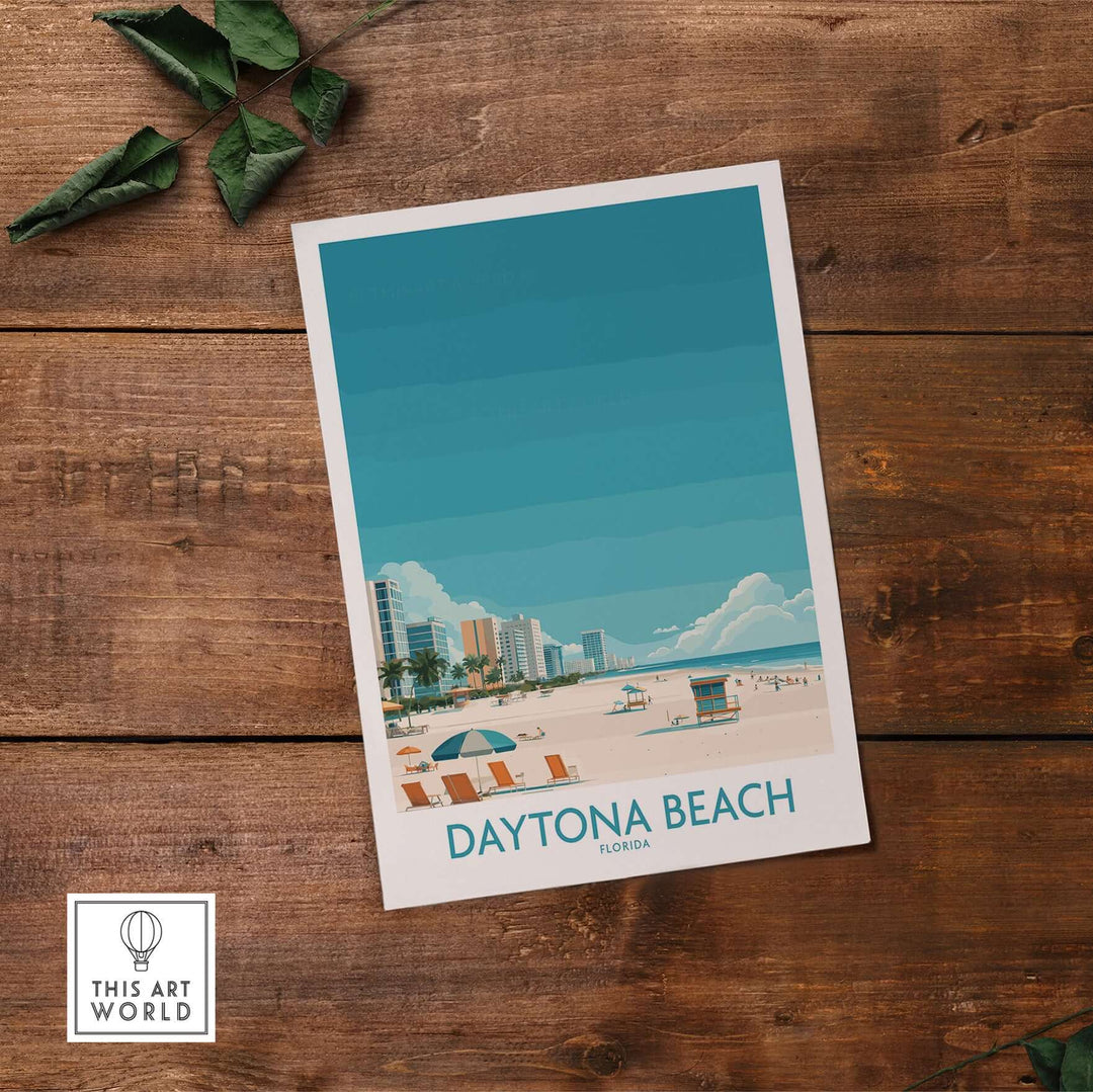 Daytona Beach tropical beachfront poster showcasing sunny skies and beach scene for Florida vacation decor.