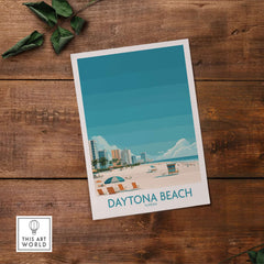 Daytona Beach Tropical Beachfront Poster - Florida Vacation Decor showcasing serene beachfront and cityscape.