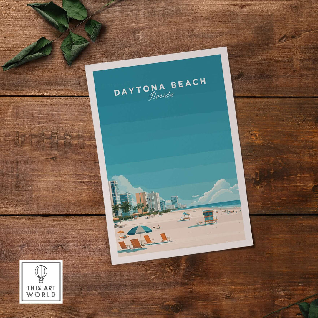 Daytona Beach Florida art print featuring a sunny beach scene with buildings and lifeguard station.