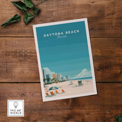 Daytona Beach Florida Lifeguard Station Print - Sunny Beach Wall Art on wooden background with beach scene.