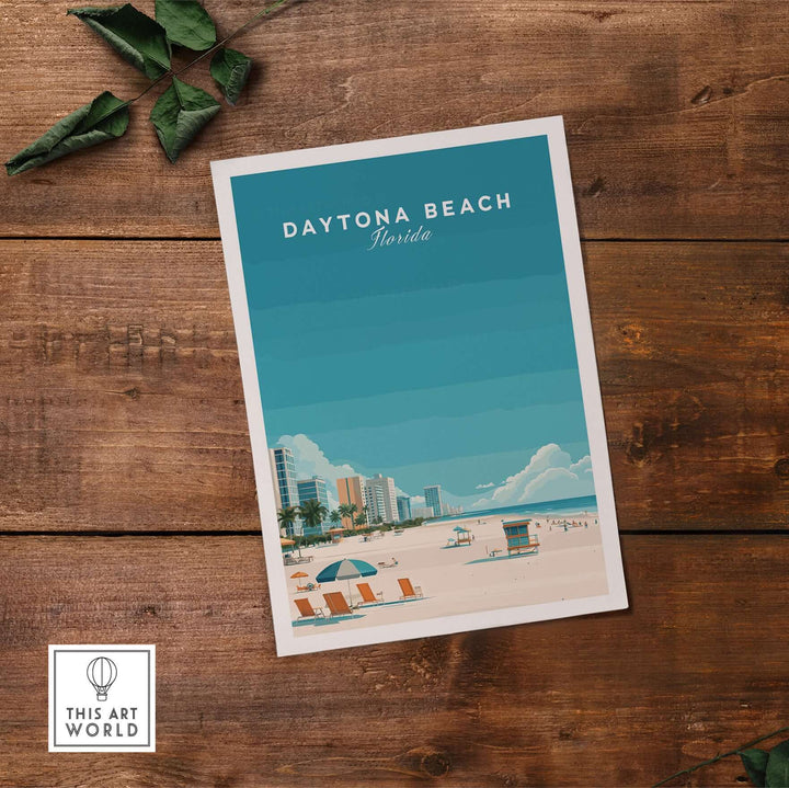 Daytona Beach Florida art print featuring a sunny beach scene with buildings and lifeguard station.