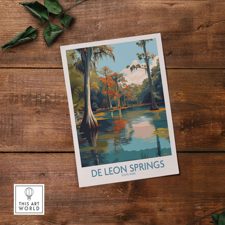 De Leon Springs cypress trees and water print, capturing Florida's nature decor in vibrant colors and serene reflections.