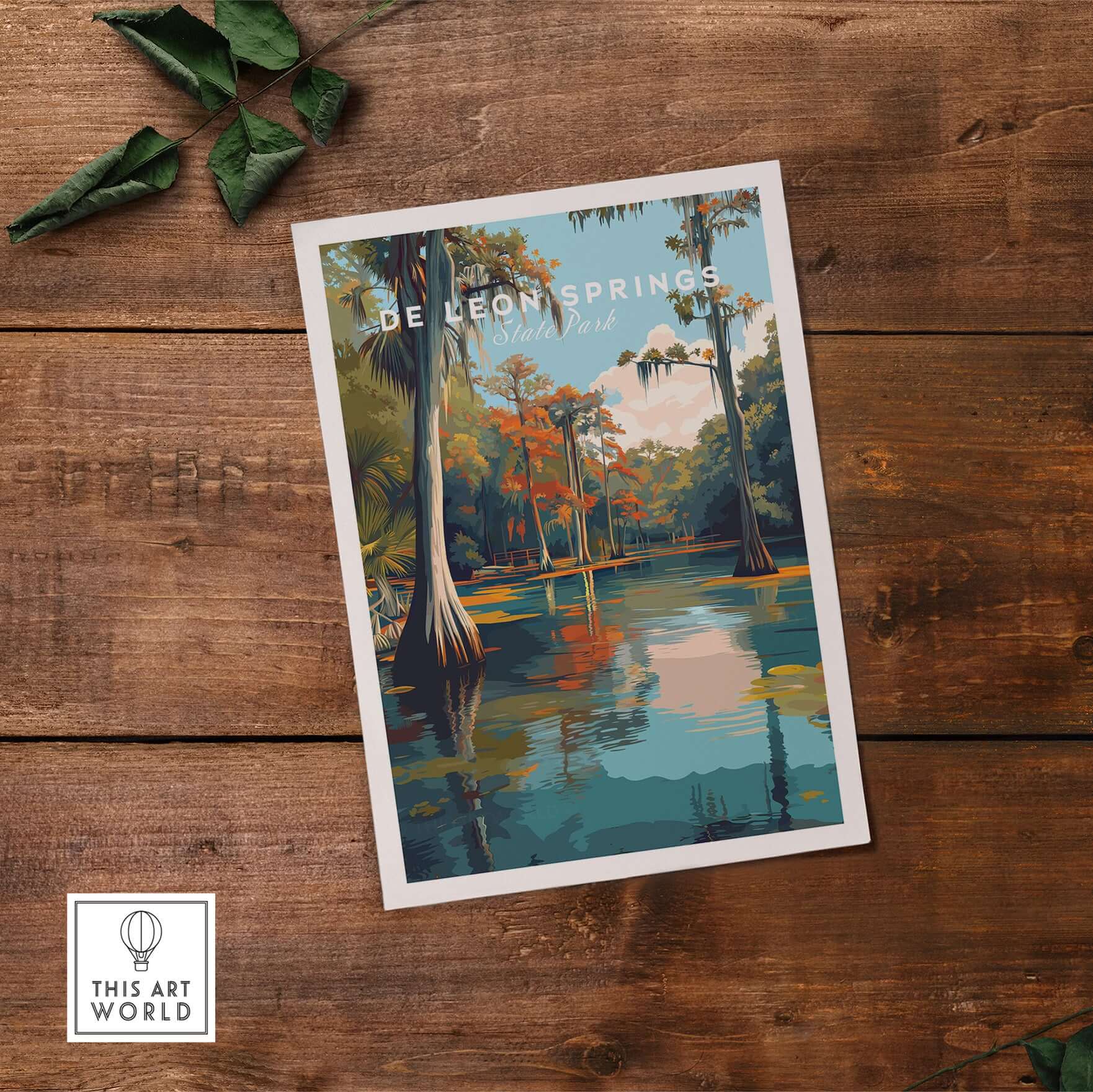 De Leon Springs Poster - Serene Florida State Park Wall Art showcasing lush greenery and tranquil waters.