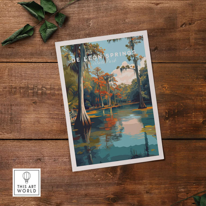 De Leon Springs State Park poster showcasing serene water and vibrant greenery, perfect for wall art in any room.