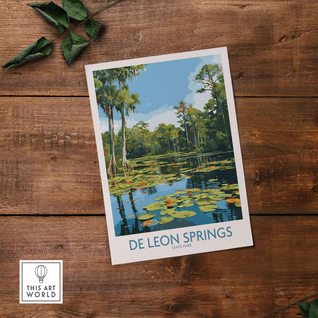 De Leon Springs Florida Green Lily Pond Poster showcasing lush greenery and serene water, ideal for Florida State Park decor.
