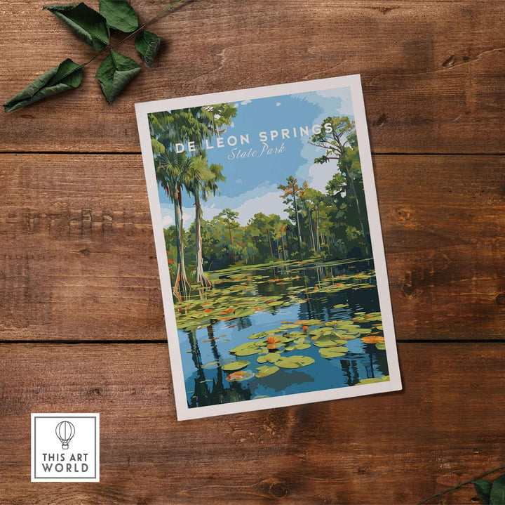 De Leon Springs lily pads artwork print showcasing serene water and lush greenery of Florida's natural spring.