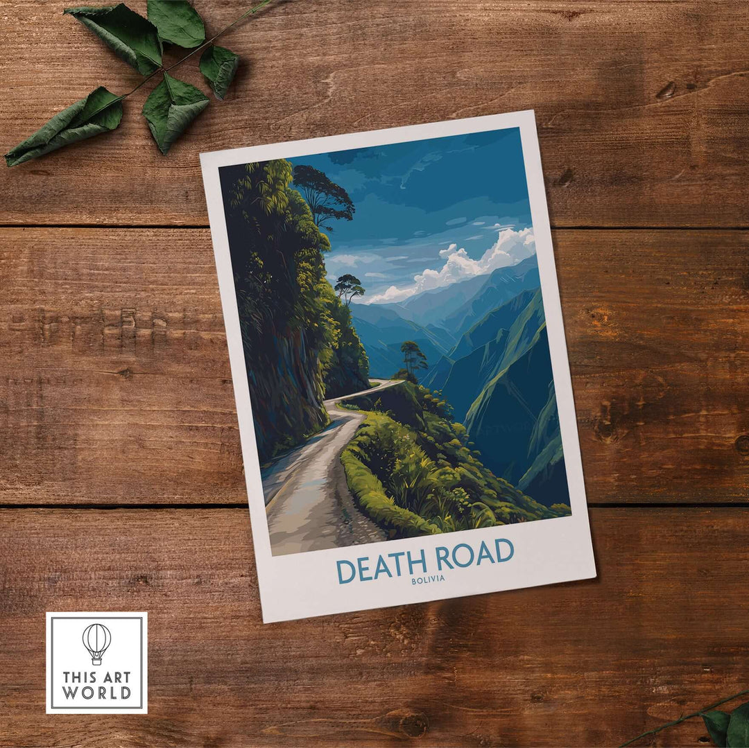 Death Road Bolivia Mountain Art Print | Yungas Camino Poster featuring a scenic view of the famous road in Bolivia.