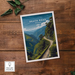 Death Road Andes Print | Yungas Road Poster featuring a scenic mountain road through lush greenery.