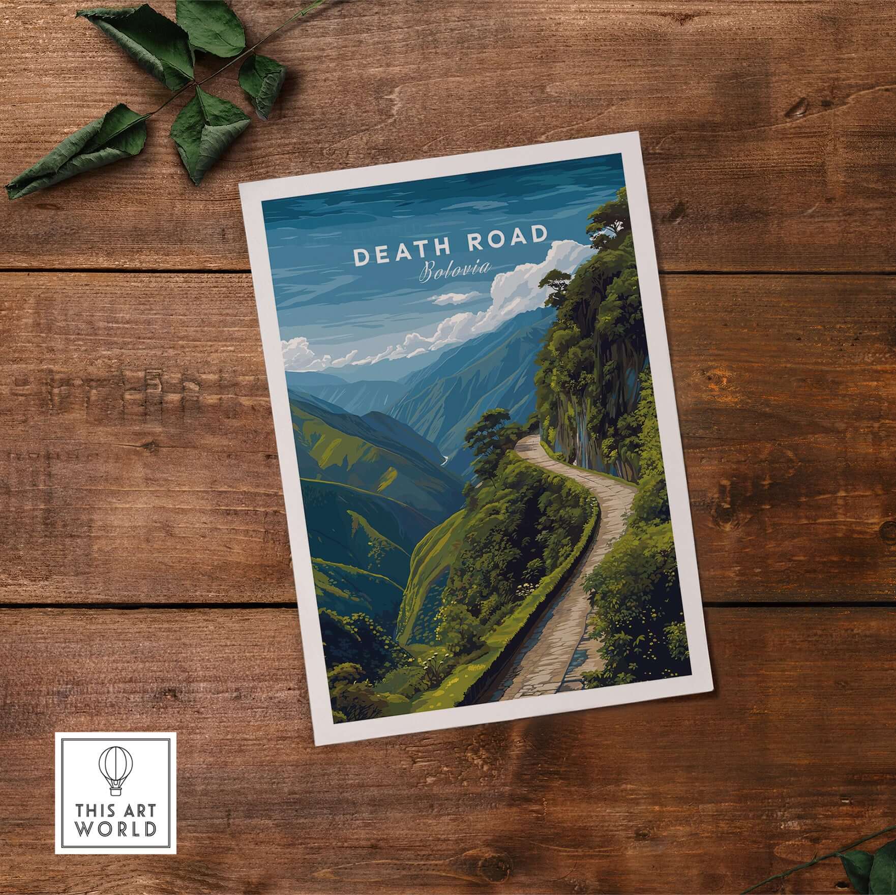 Death Road Andes Print | Yungas Road Poster featuring a scenic mountain road through lush greenery.