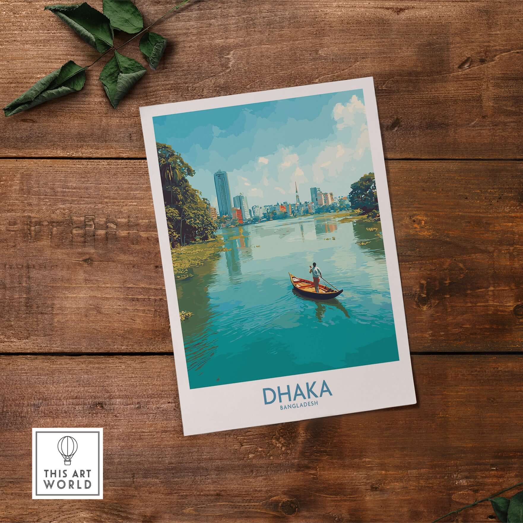 Dhaka Print Bangladesh Buriganga River Poster - Bangladeshi Cityscape Decor on wooden background.