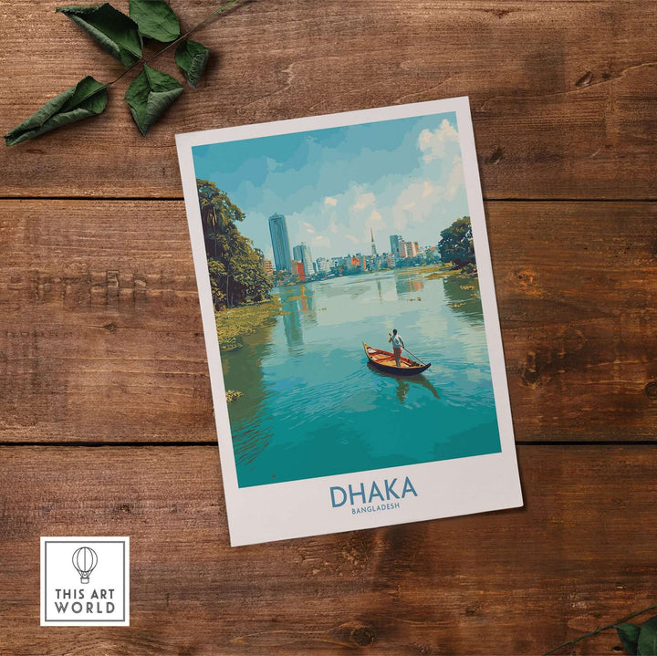 Dhaka Buriganga River poster showcasing vibrant cityscape and culture of Bangladesh on wooden background.