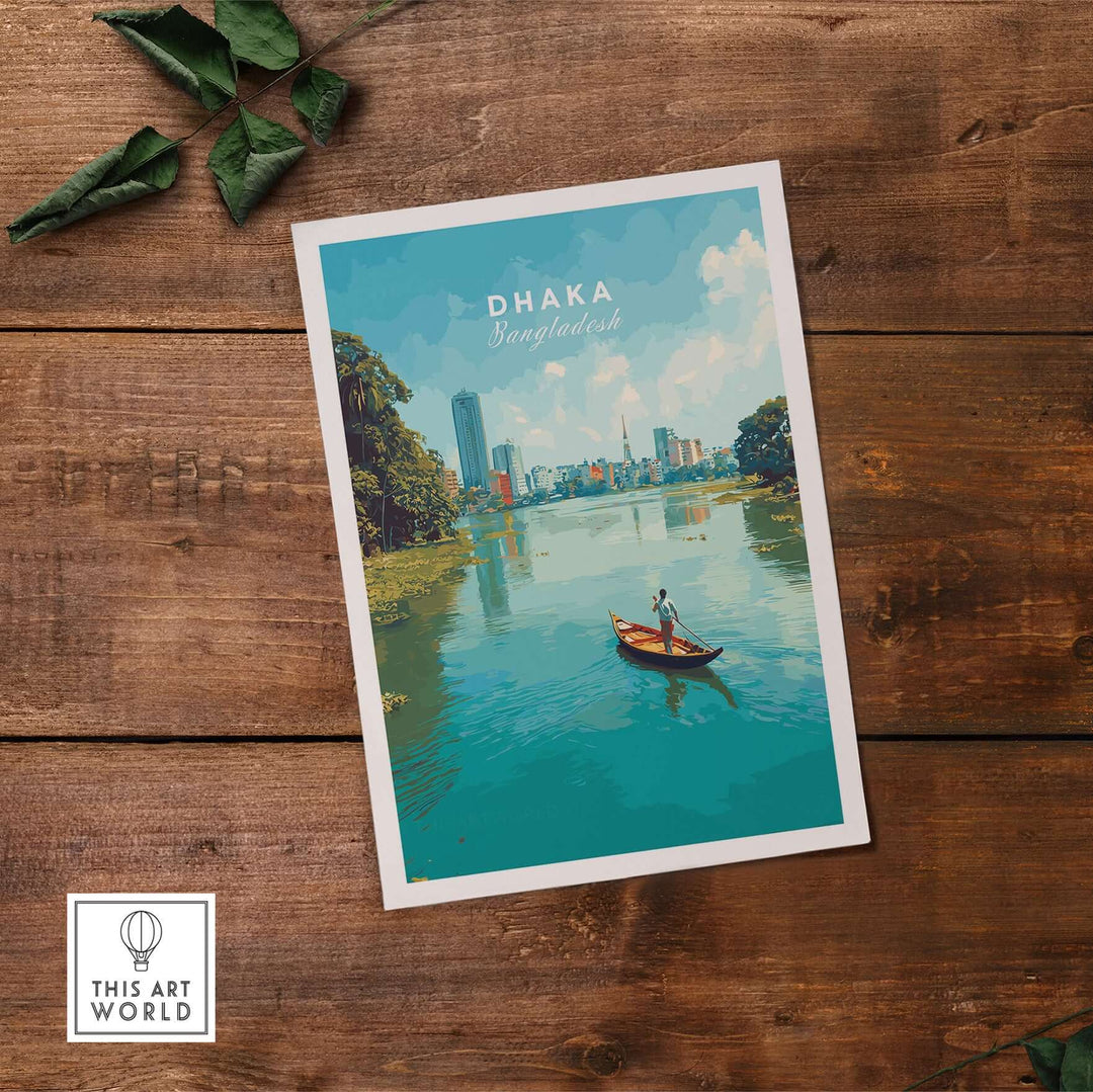 Dhaka poster featuring a serene river scene and urban skyline, perfect for modern wall art decor.