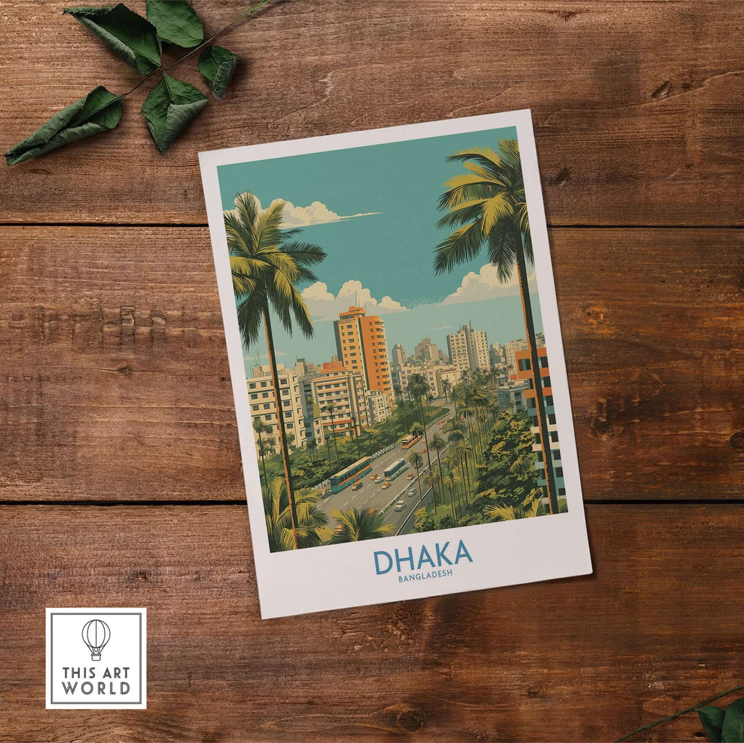 Dhaka cityscape wall art featuring urban buildings and palm trees, showcasing vibrant Bangladesh architecture.
