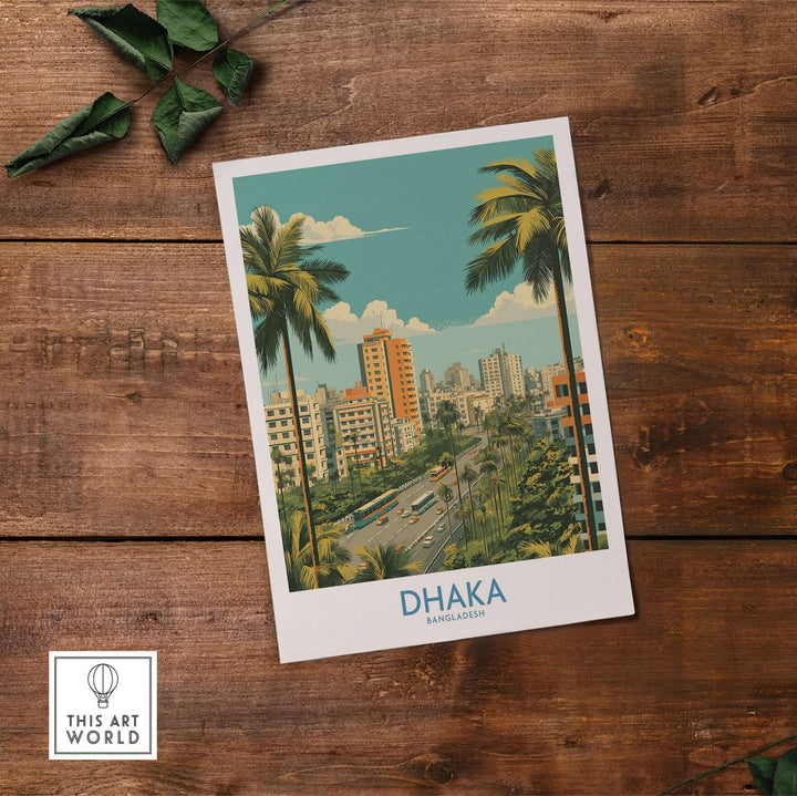 Dhaka cityscape wall art featuring urban buildings and palm trees, showcasing vibrant Bangladesh architecture.