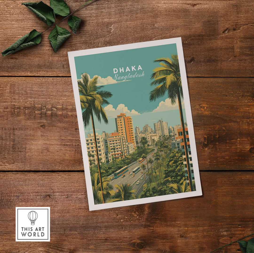 Dhaka Bangladesh poster featuring city skyline and palm trees, showcasing urban life and vibrant culture.