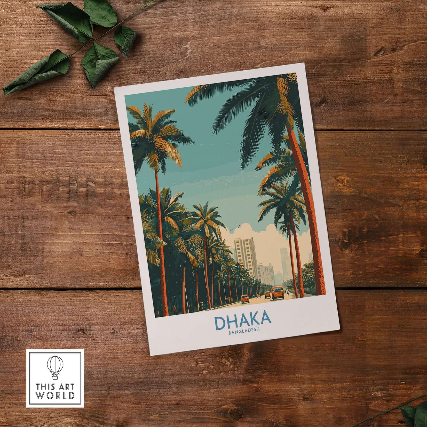 Dhaka Bangladesh Poster - Bangladeshi Travel Scene showcasing vibrant city life and palm trees.