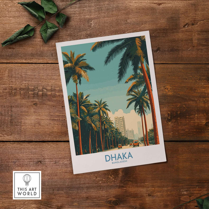 Dhaka poster showcasing vibrant palm trees and city skyline, capturing the spirit of Bangladesh's capital.