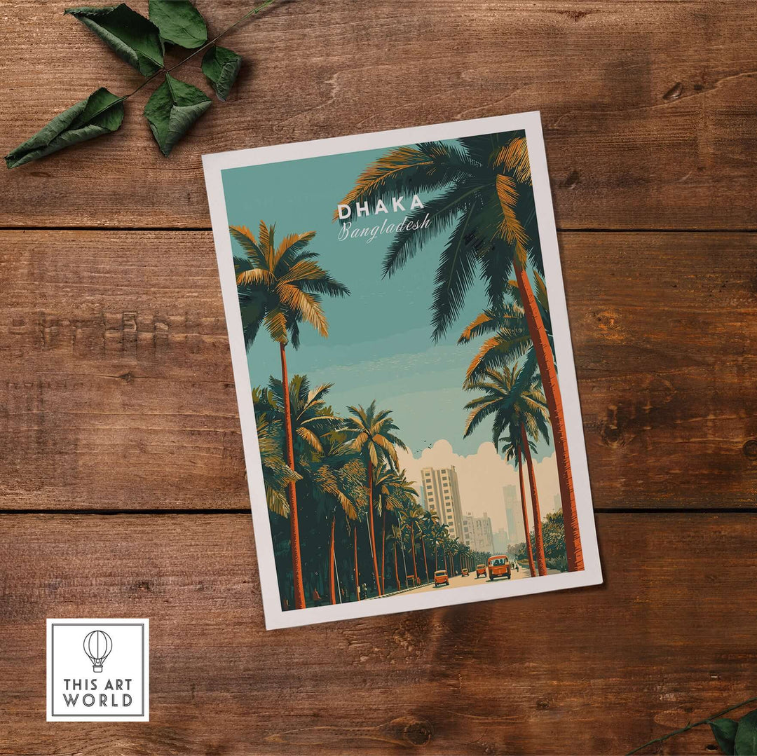 Dhaka Bangladesh city life wall art print showcasing palm-lined streets and urban skyline.