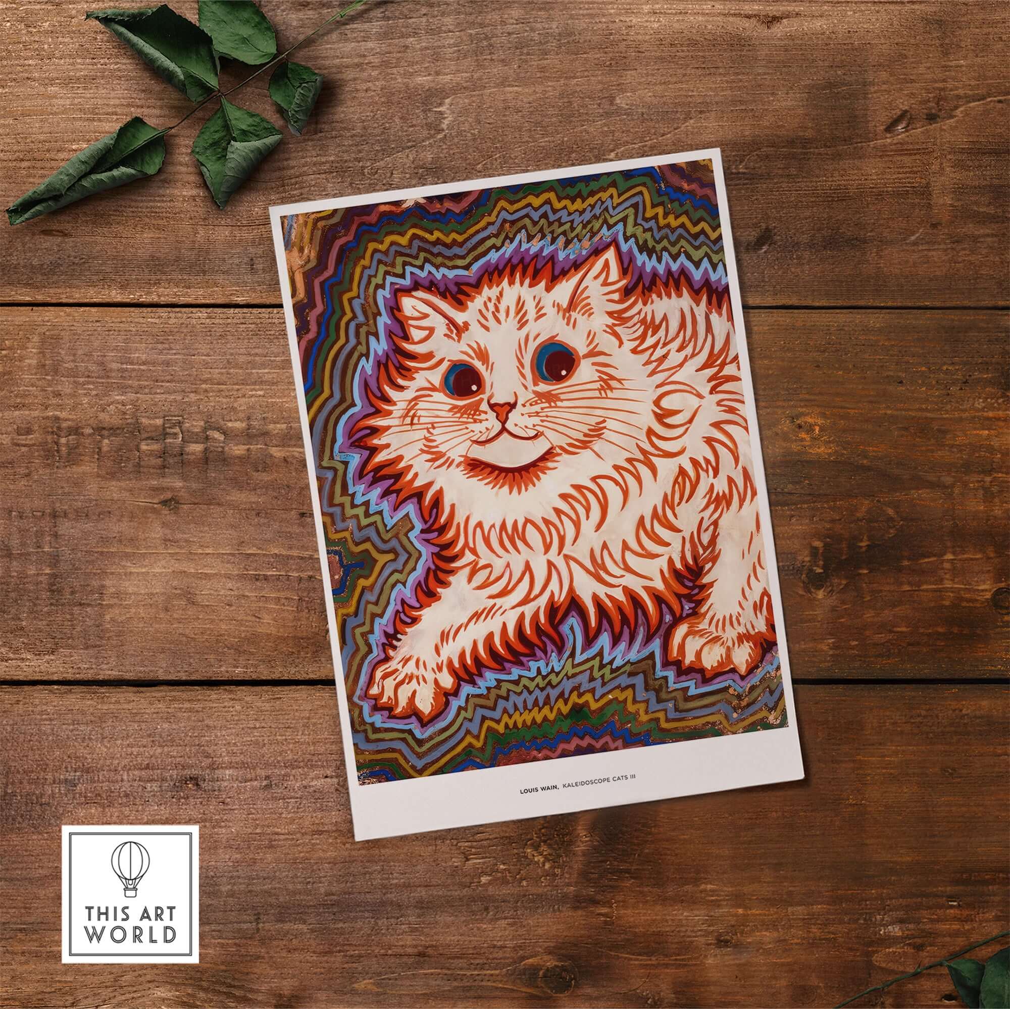 Kaleidoscope Cat Psychedelic Feline Poster Wall Art Louis Wain Exhibition Art Print on wooden background.