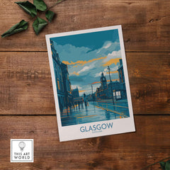 Glasgow Clock Tower Cityscape Poster - Scottish Travel Decor on wooden table.