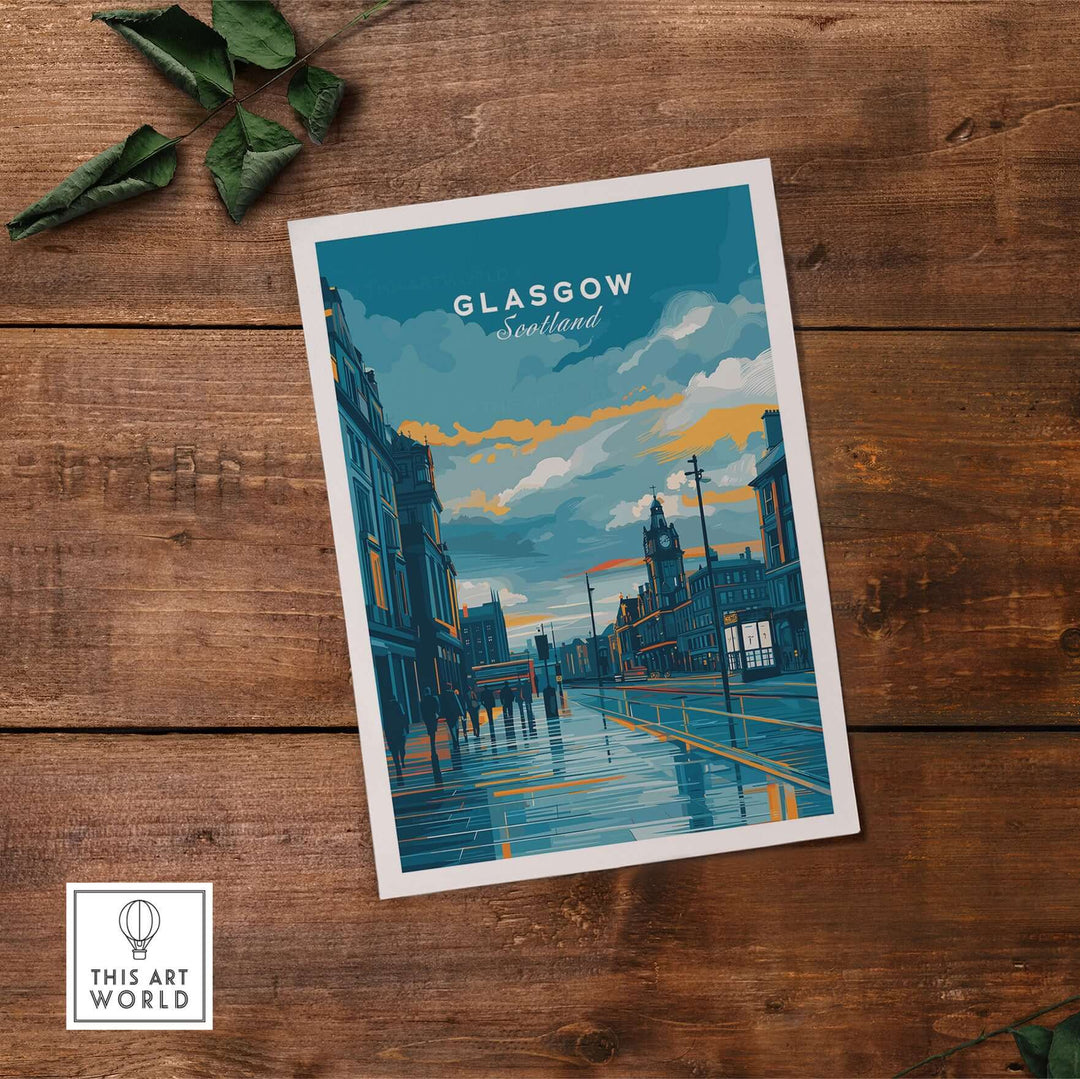 Glasgow street at dusk print showcasing vibrant colors and city charm, perfect Scotland wall art for urban adventure lovers.