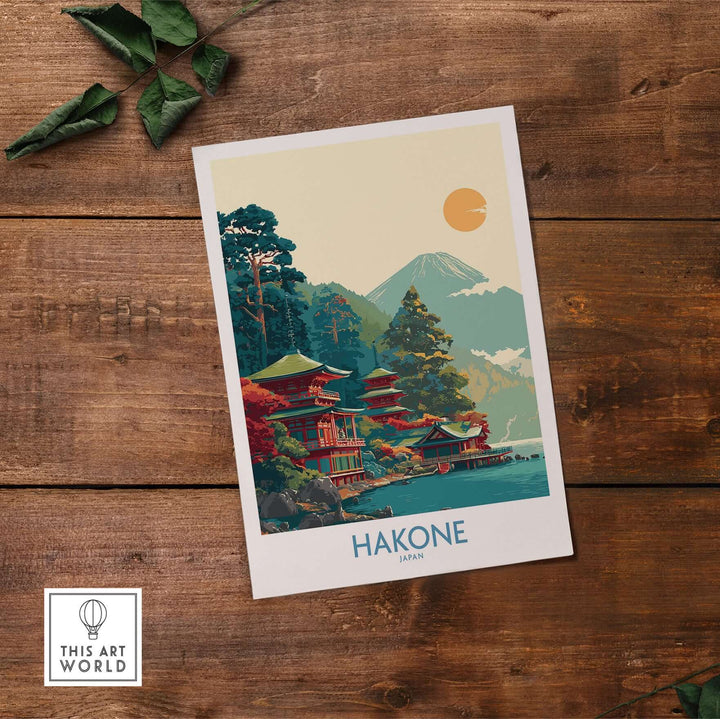 Hakone Japan Lake Ashi temple print featuring pagoda, mountains, and serene waters in elegant wall art.