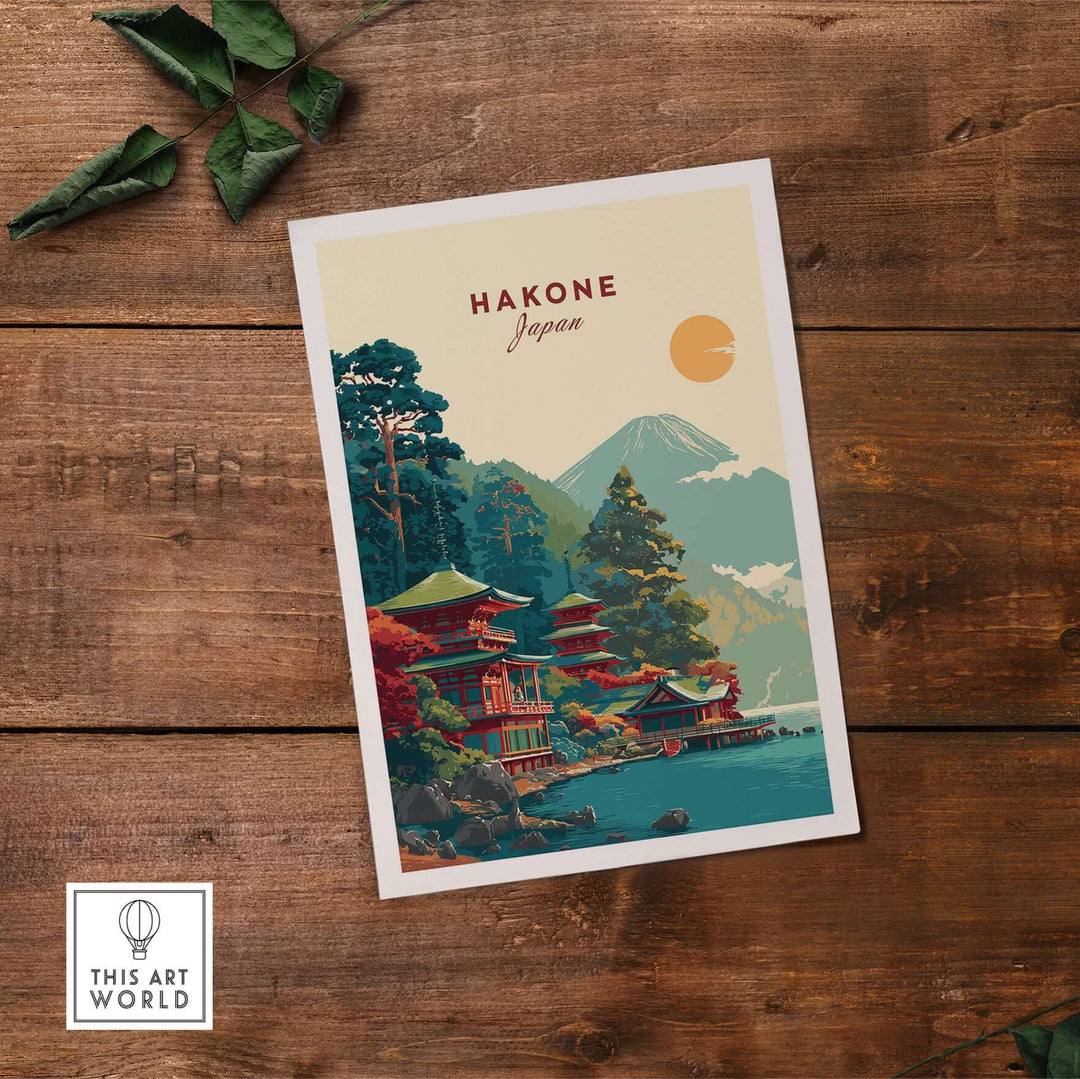 Hakone Japan Lake Ashi Temple print featuring iconic pagoda and serene landscape