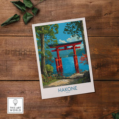 Hakone Japan Iconic Torii Print - Japanese Scenic Landscape Decor featuring a vibrant red torii gate by the water.
