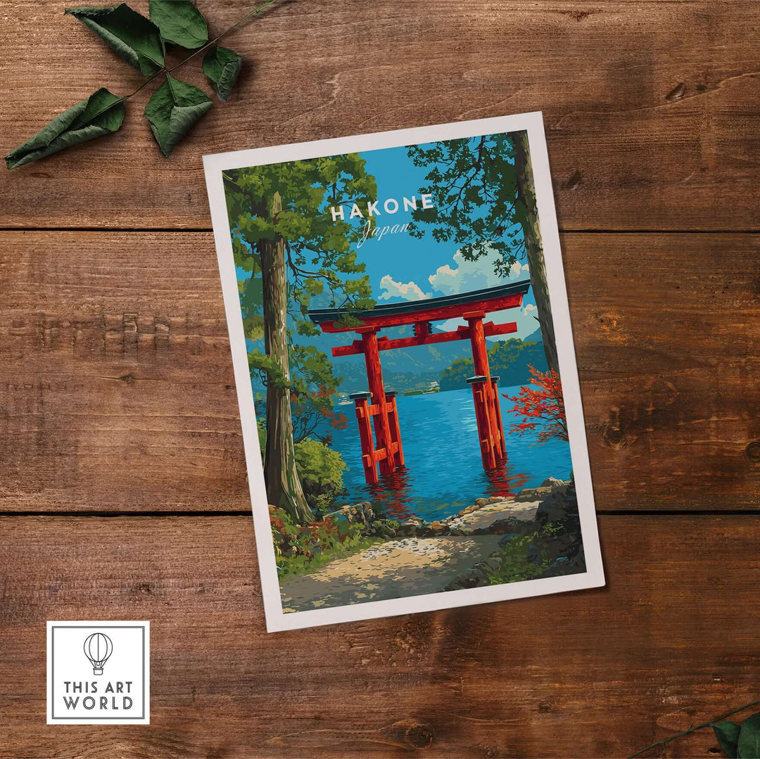 Hakone Japan Lake Ashi Torii gate poster art on wooden background, showcasing serene waters and vibrant colors.