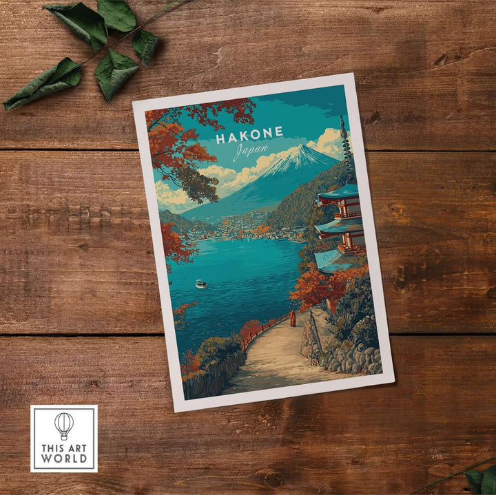 Hakone print featuring scenic lake view, pagoda, and Mount Fuji in vibrant colors, perfect for home decor.