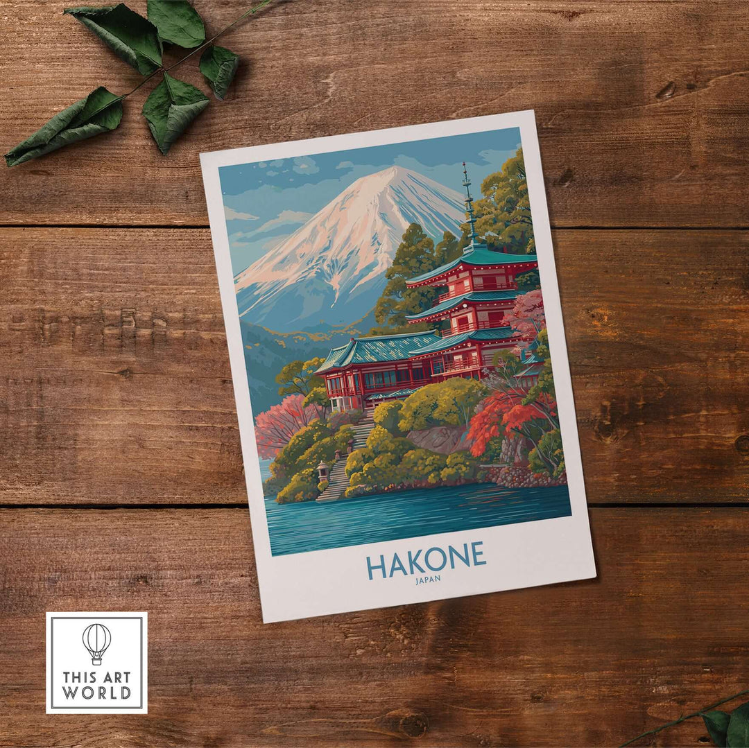 Hakone Japan wall art print depicting serene landscapes and cultural elements with Mt. Fuji in the background.