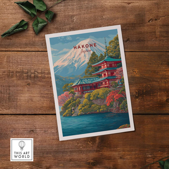 Hakone Japan print featuring a historic shrine, Lake Ashi, and Mount Fuji in vibrant colors.