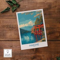 Hakone Wall Art Japan Red Torii Gate Poster featuring a vibrant red gate by a tranquil lake with Mt. Fuji in the background.