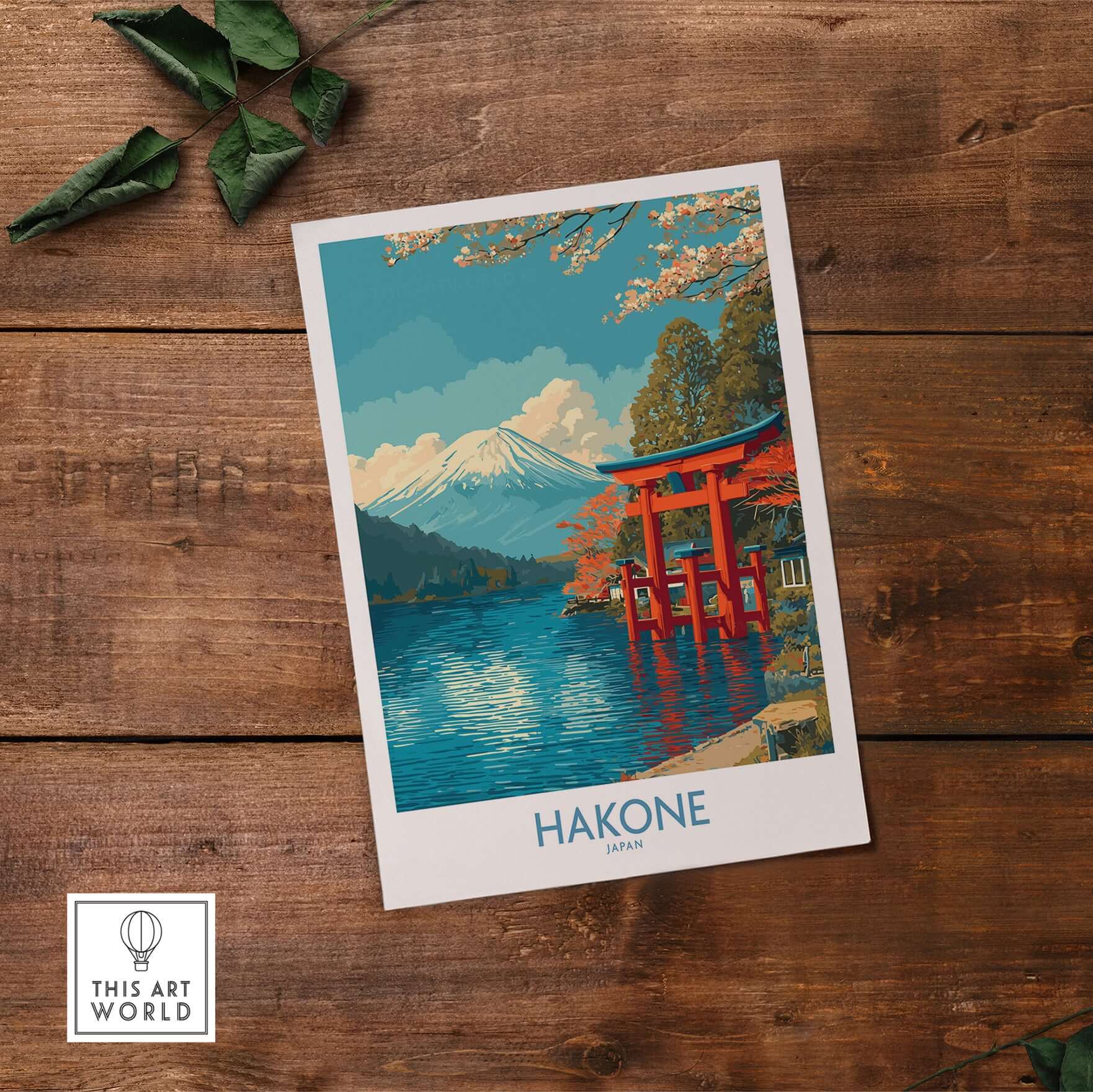 Hakone Wall Art Japan Red Torii Gate Poster featuring a vibrant red gate by a tranquil lake with Mt. Fuji in the background.