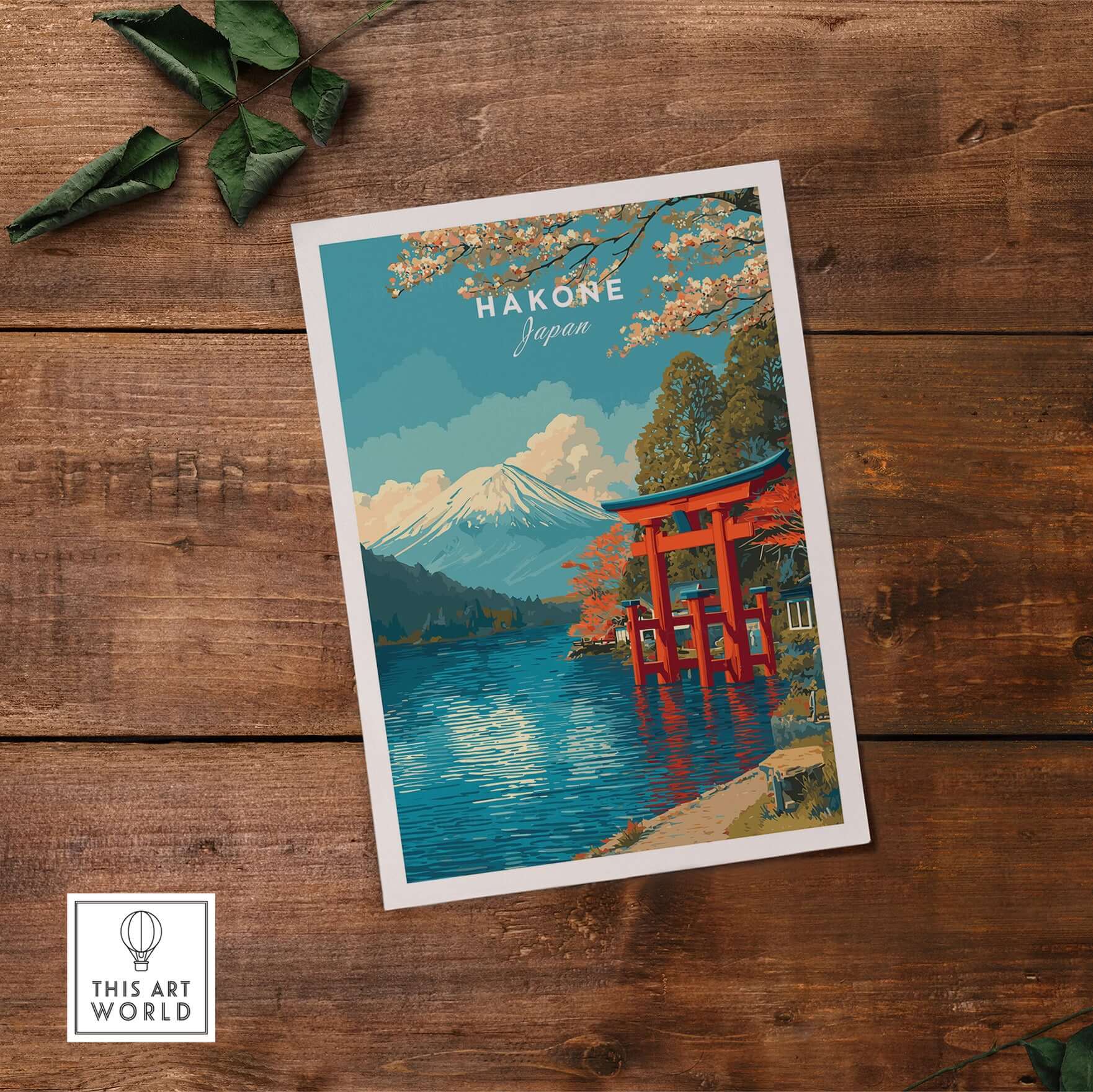 HakonePrint Japan Peace Shrine Torii Artwork - Mount Fuji Lake Ashi Poster displayed on a wooden surface.