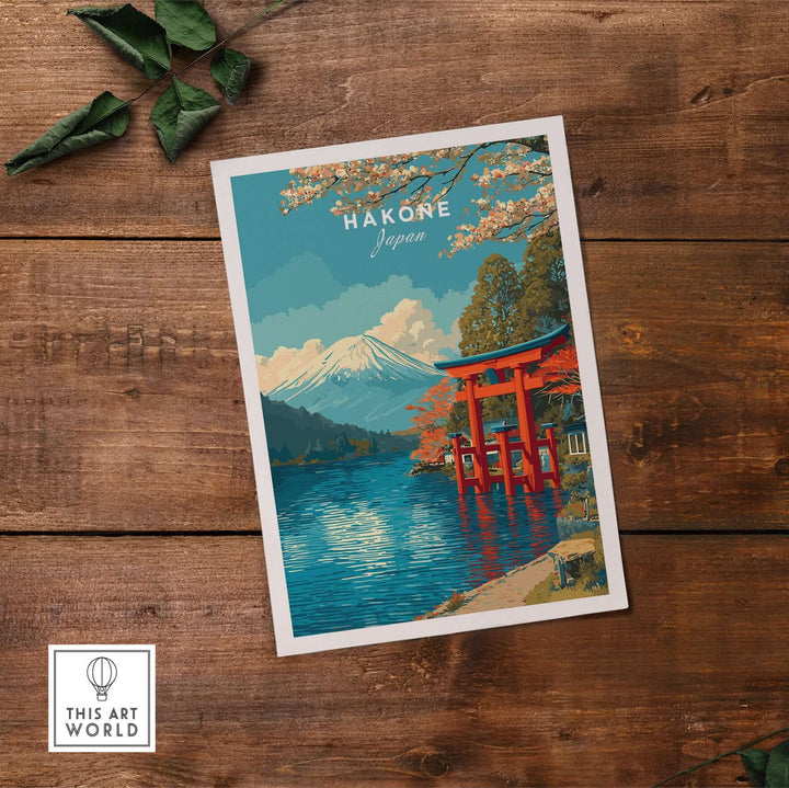 HakonePrint Japan Peace Shrine Torii artwork featuring Mount Fuji and Lake Ashi in vibrant colors.