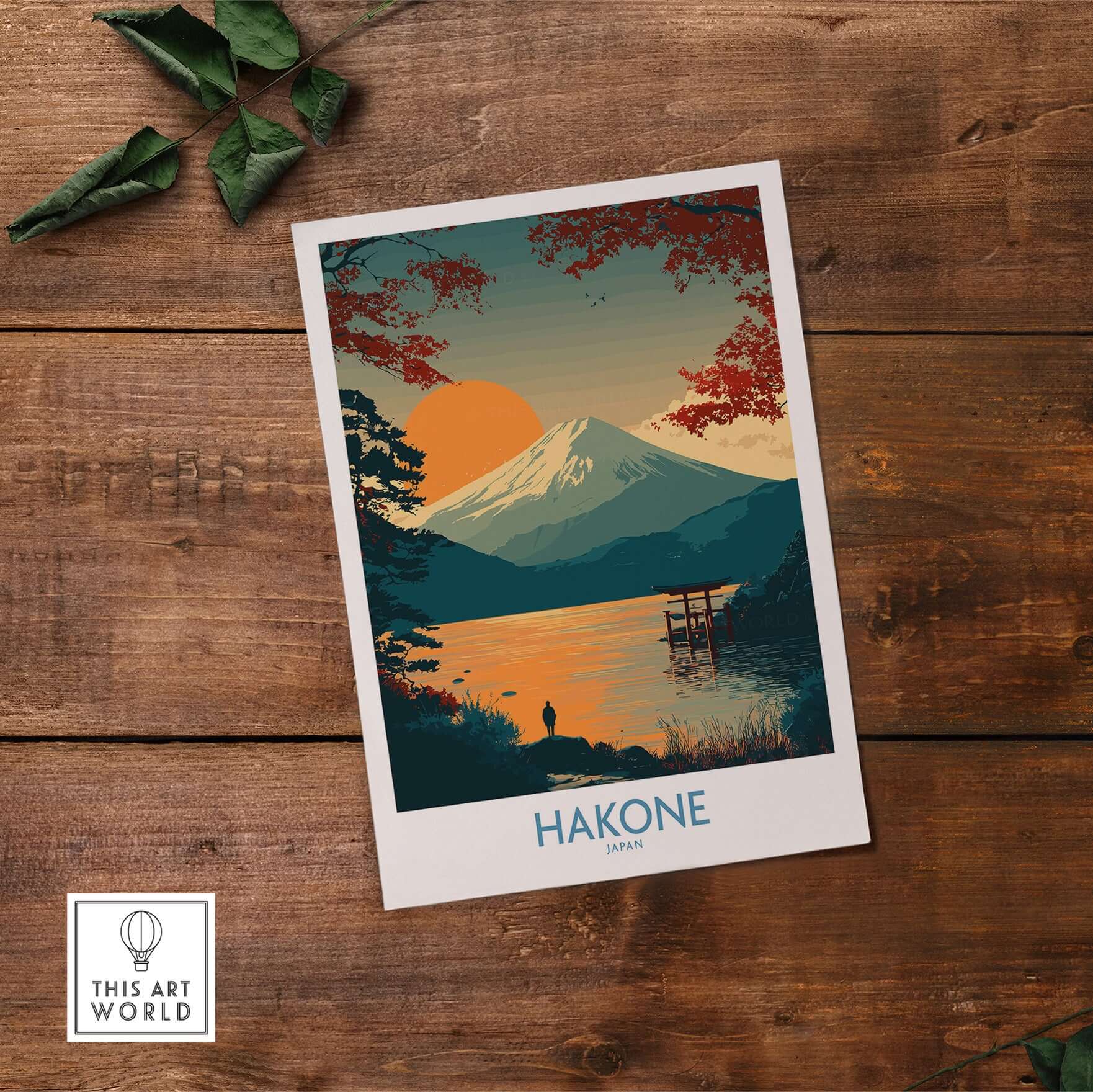 Hakone Japan Wall Art Lake Ashi Print - Japanese Spiritual Poster showcasing serene waters and Mount Fuji at sunset.