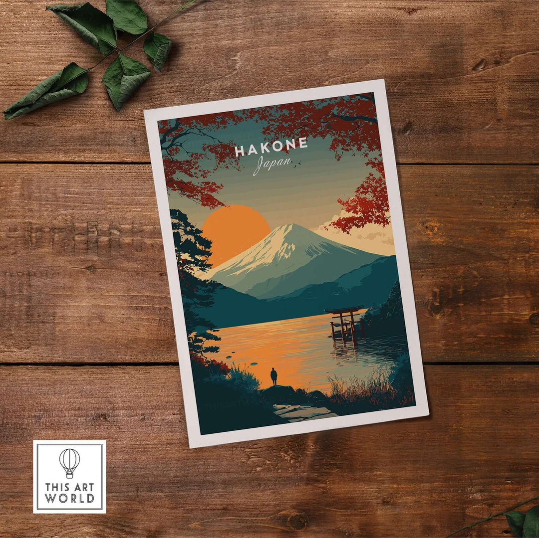 Hakone Japan sunset poster featuring Mount Fuji and Torii gate by a tranquil lake, ideal for home decor.