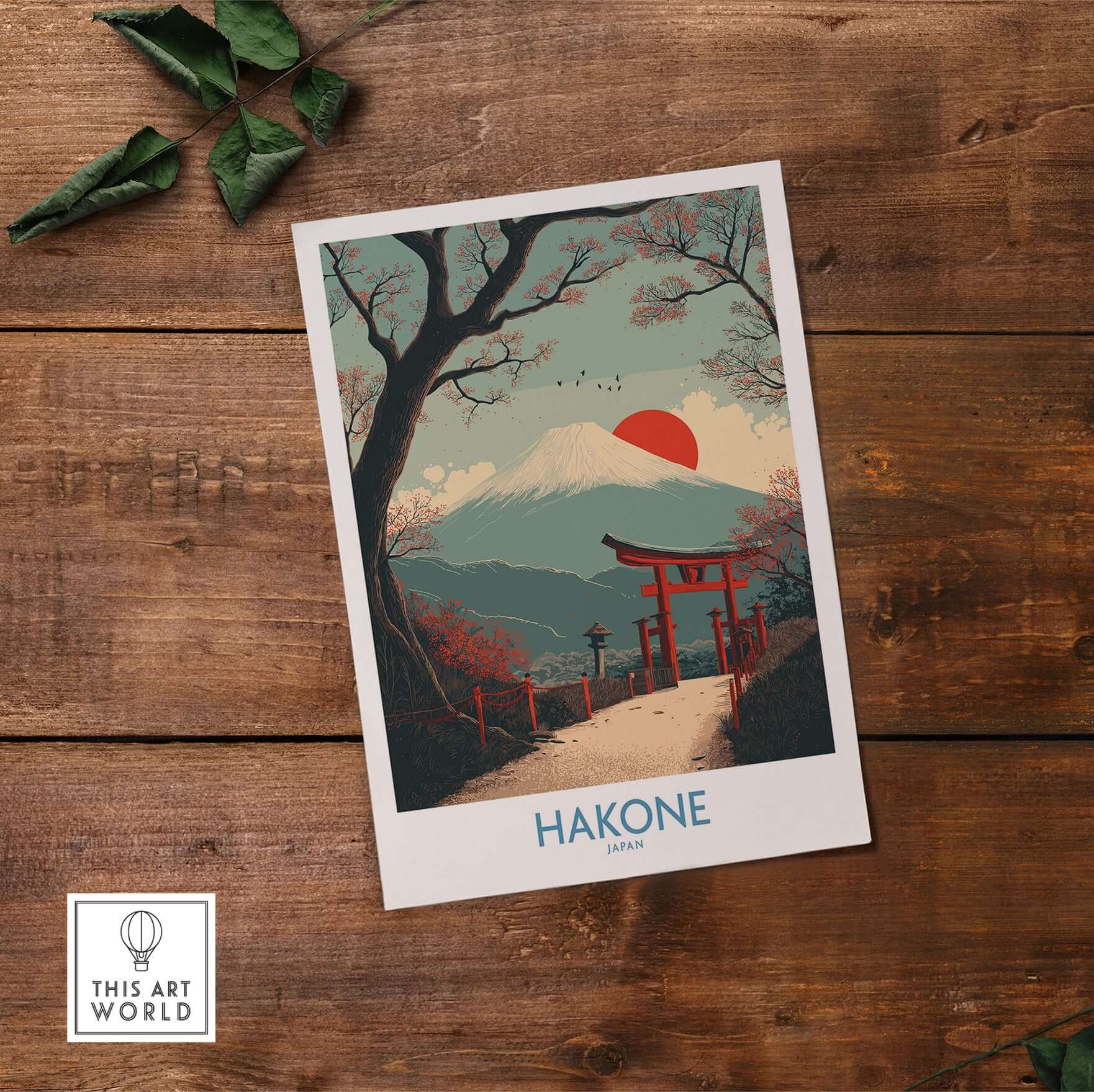 Hakone Japan Peace Gate Shrine Wall Art - Autumn Cherry Blossom Decor showcasing a mountain backdrop and vibrant sunset.