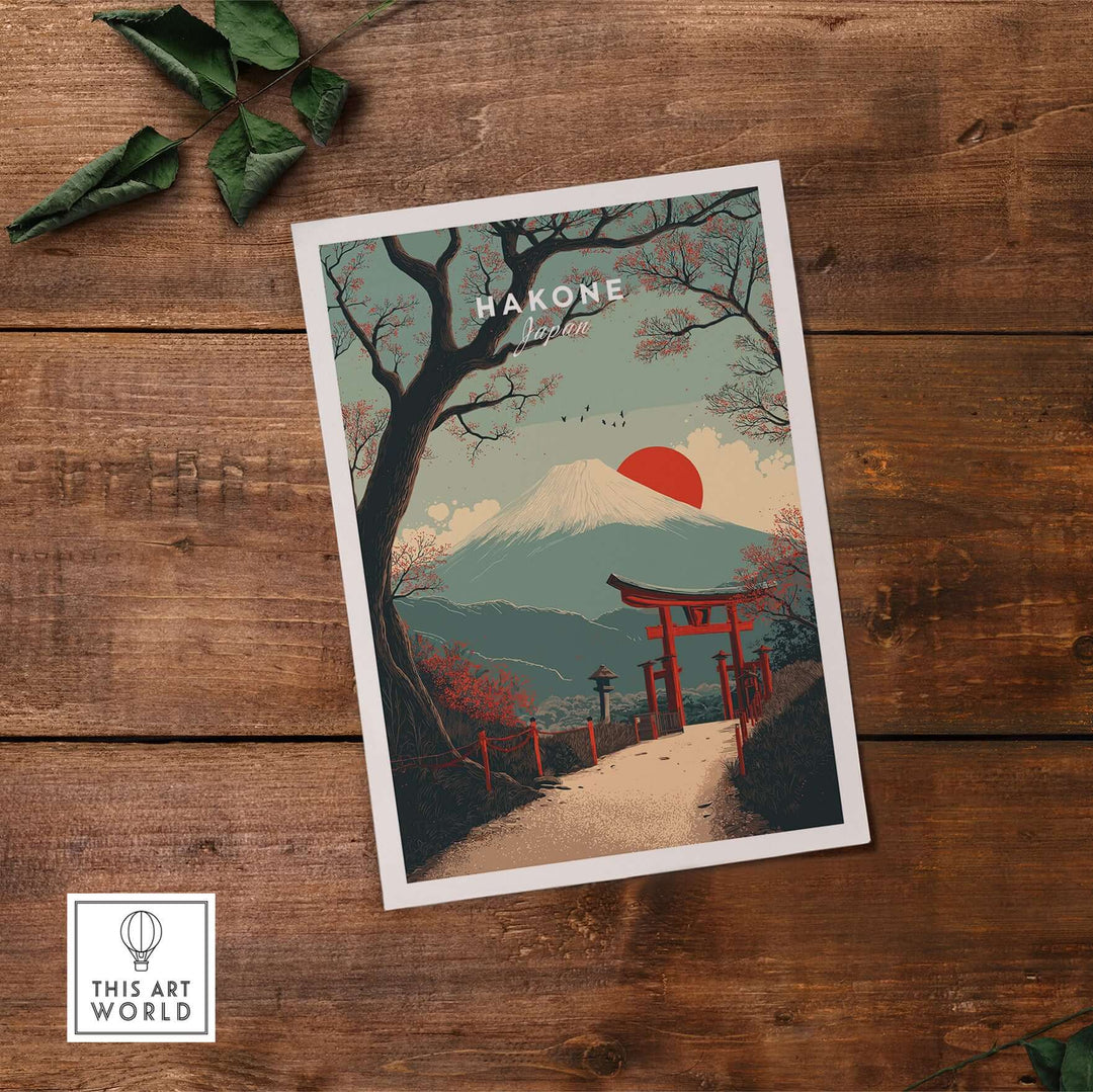 Hakone Japan Torii gate poster with Mount Fuji and sunset, showcasing Japanese art and culture.