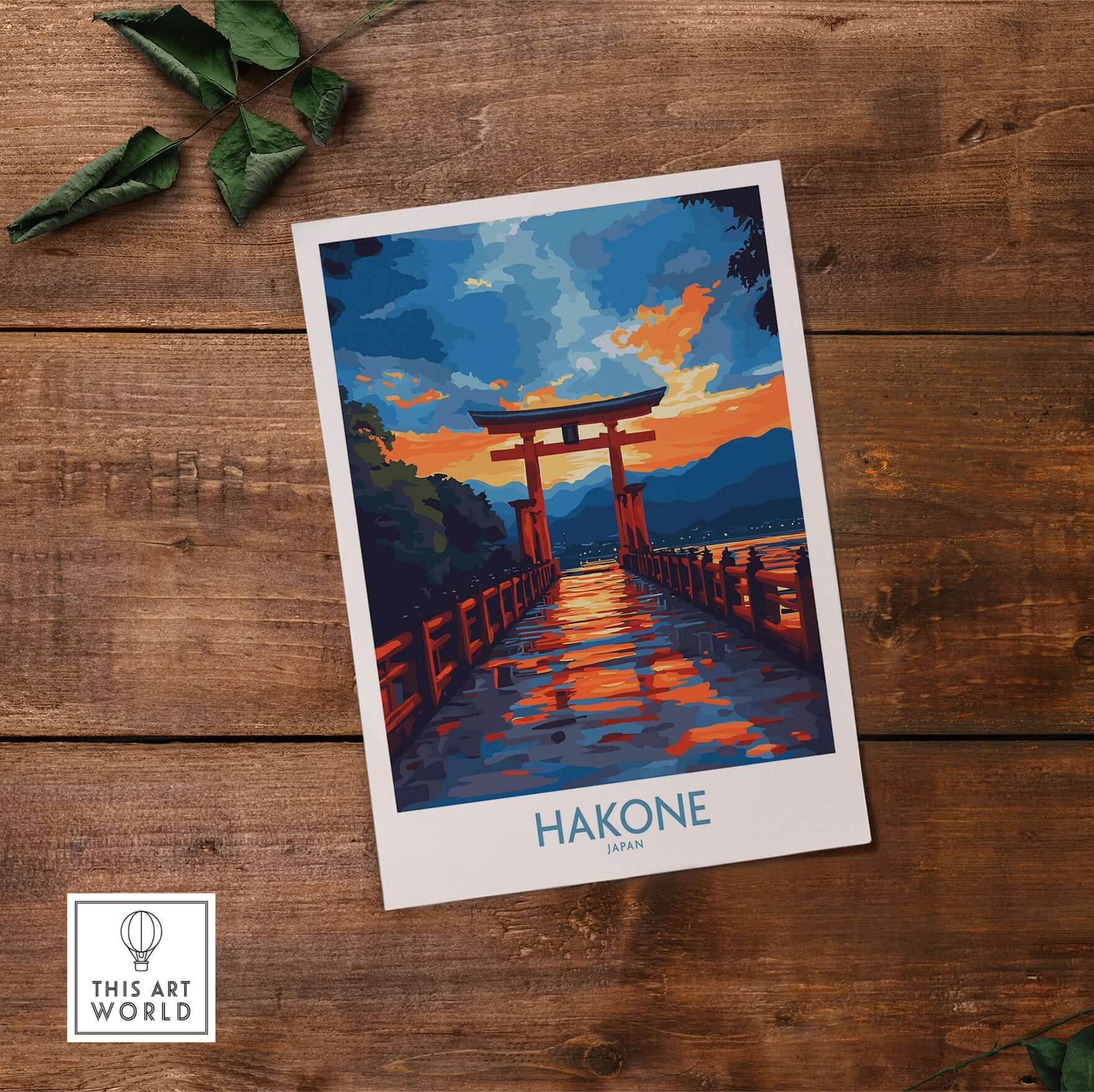 Hakone Wall Art - Japan Travel Poster showcasing a torii gate with a vibrant sunset backdrop.