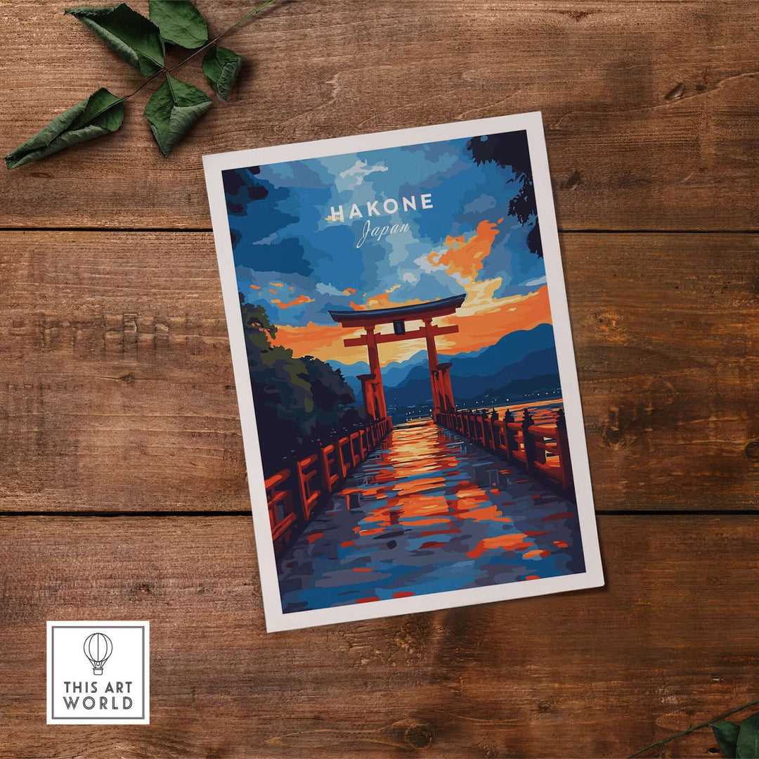 Vibrant Hakone wall art poster featuring Torii gate at sunset with reflections on Lake Ashi.